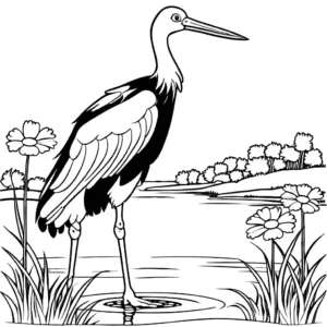 Stork bird standing in a colorful meadow with river and flowers coloring page