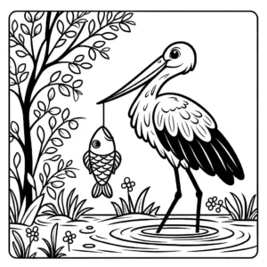 Stork coloring page with fish in beak coloring page