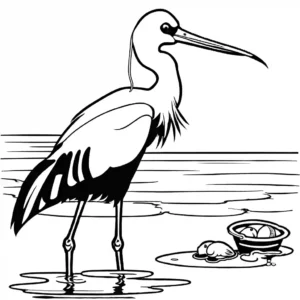 Stork bird standing in shallow water holding a fish in its beak coloring page