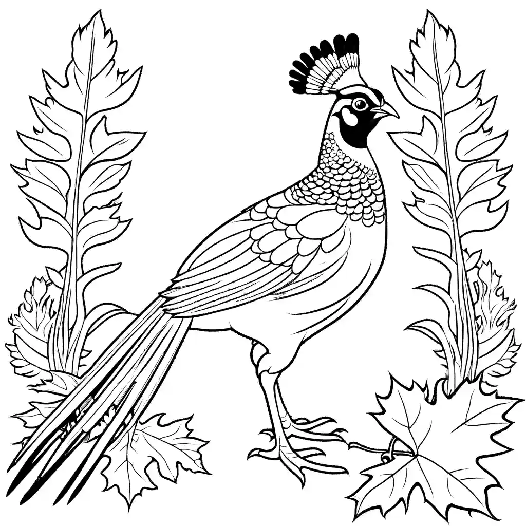 Coloring page of a striking Pheasant with vibrant plumage surrounded by autumn leaves and foliage coloring page