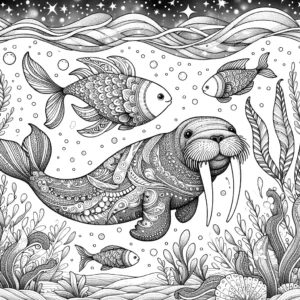 Walrus coloring page with fish and seaweed in the ocean coloring page