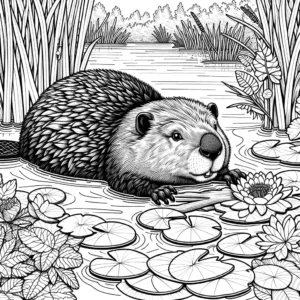 Realistic drawing of a beaver swimming in a pond surrounded by lily pads and reeds coloring page