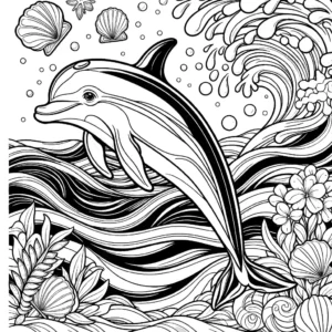Dolphin swimming in ocean with waves and seashells in the background coloring page