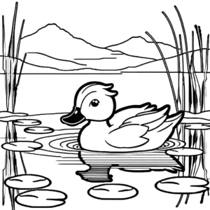 Fluffy duckling swimming in a serene lake with water lilies coloring page
