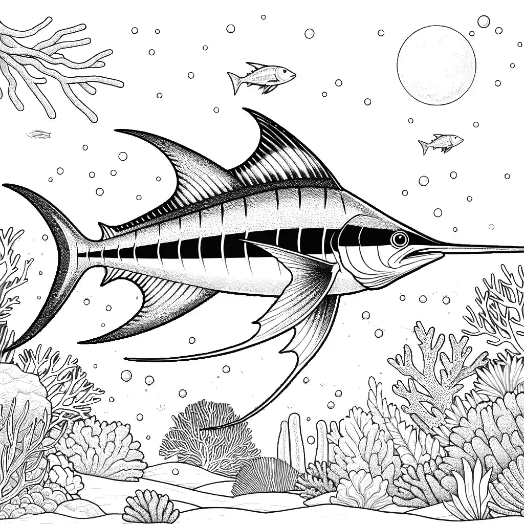 Swordfish swimming in ocean with coral and seaweed in the background coloring page