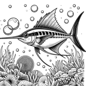 Detailed swordfish with sharp bill and sleek body surrounded by bubbles and aquatic plants coloring page