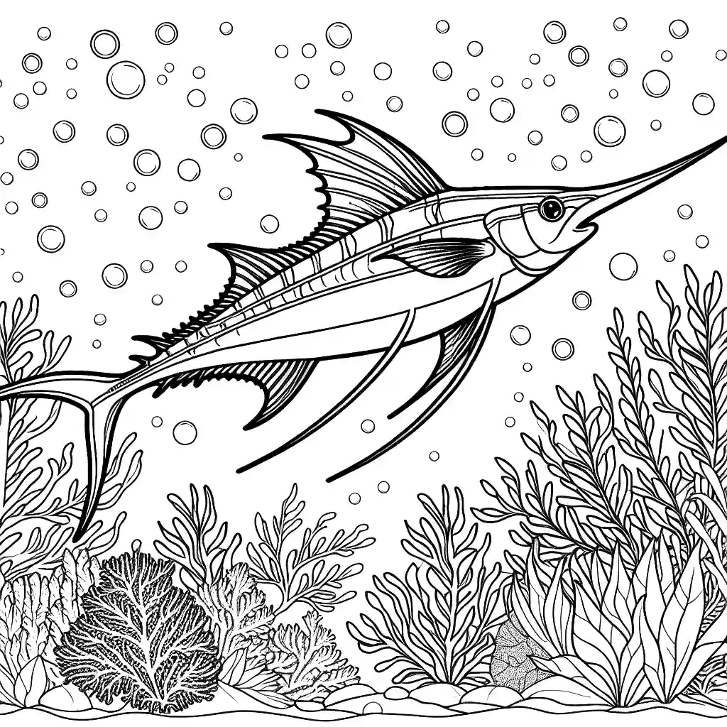 Swordfish swimming in the ocean coloring page