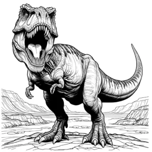 T Rex Dinosaur line art illustration, ready to attack on rocky terrain coloring page