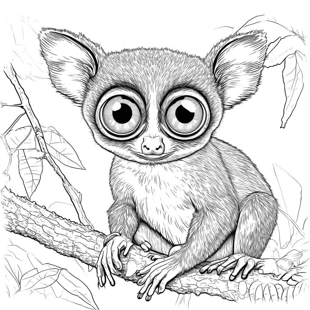 Tarsier with big round eyes in a forest coloring page