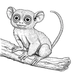 Tarsier with long tail and small body standing on a log coloring page