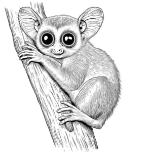 Tarsier with wide ears and furry body on a tree trunk coloring page