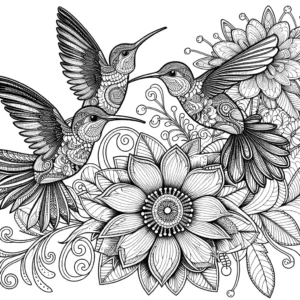 Three graceful hummingbirds perched on a blooming flower in a line drawing coloring page