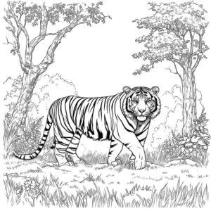 Majestic tiger in natural habitat surrounded by trees and grass coloring page