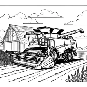 Tractor combine harvester outline drawing in field, suitable for coloring by kids coloring page