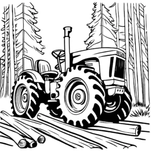 Sketch of a tractor pulling a load of logs in the forest coloring page