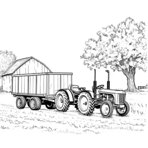 Rural scene with tractor and trailer coloring page
