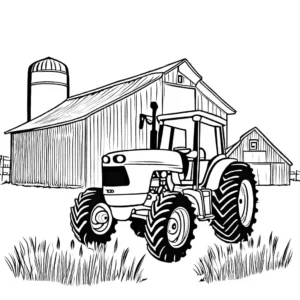 Black and white tractor outline with barn coloring page