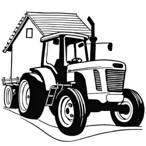 Outlined sketch of a tractor and trailer carrying house in a rural setting coloring page
