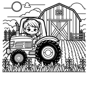 Tractor in farm field coloring page