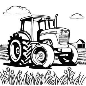 Tractor line art drawing in a farm field coloring page