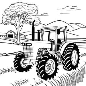 Drawing of a tractor with a farmer driving in a rural landscape coloring page