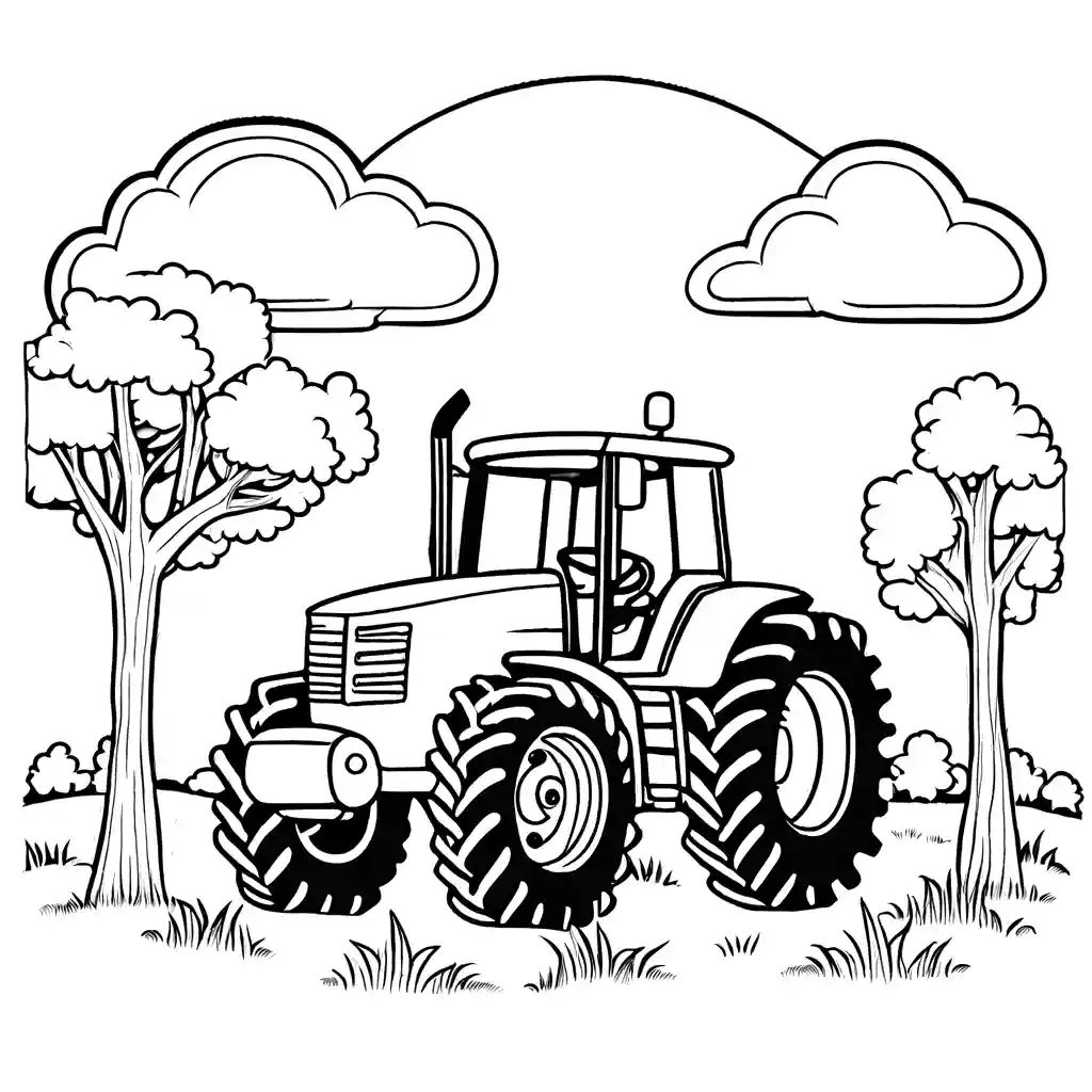 Monochrome tractor with trees and clouds coloring page