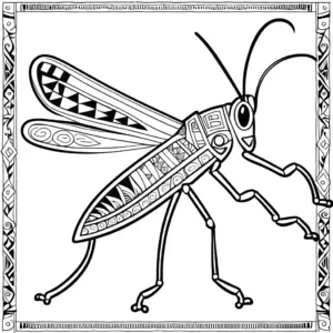 Tribal-style grasshopper with geometric patterns for coloring page