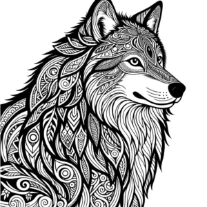 Majestic wolf with intricate tribal patterns on its fur - coloring page