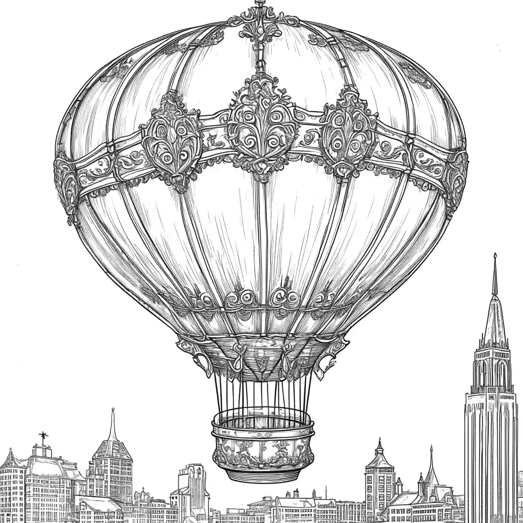 Vintage hot air balloon coloring page above city skyline coloring page