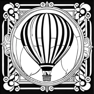 Vintage retro hot air balloon with geometric shapes soaring through the air coloring page