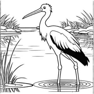 Stork bird with long legs and large beak wading in the water coloring page