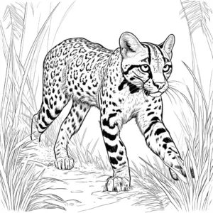 Ocelot coloring page walking in tropical forest coloring page