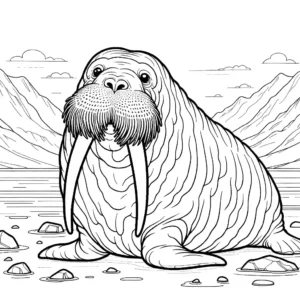 Walrus coloring page with large tusks and wrinkled appearance standing on rocky shore coloring page
