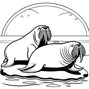 Walrus family playing on an ice floe coloring page