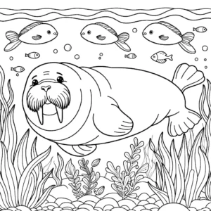 Chubby walrus swimming in sea with fish and seaweed around it coloring page