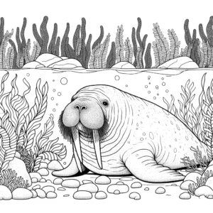 Walrus swimming among rocks and seaweed in the ocean coloring page