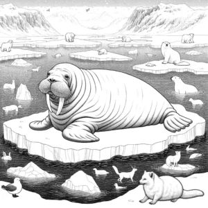 Arctic walrus coloring page with other arctic animals in the background coloring page