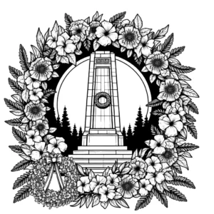 War memorial with wreaths and flowers in honor for coloring page on Memorial Day coloring page