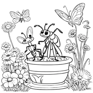 Whimsical illustration of ants in a colorful garden setting coloring page