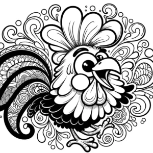 Playful cartoon rooster with swirling border coloring page