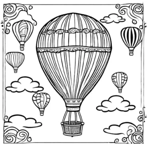 Whimsical hot air balloon with abstract shapes coloring page