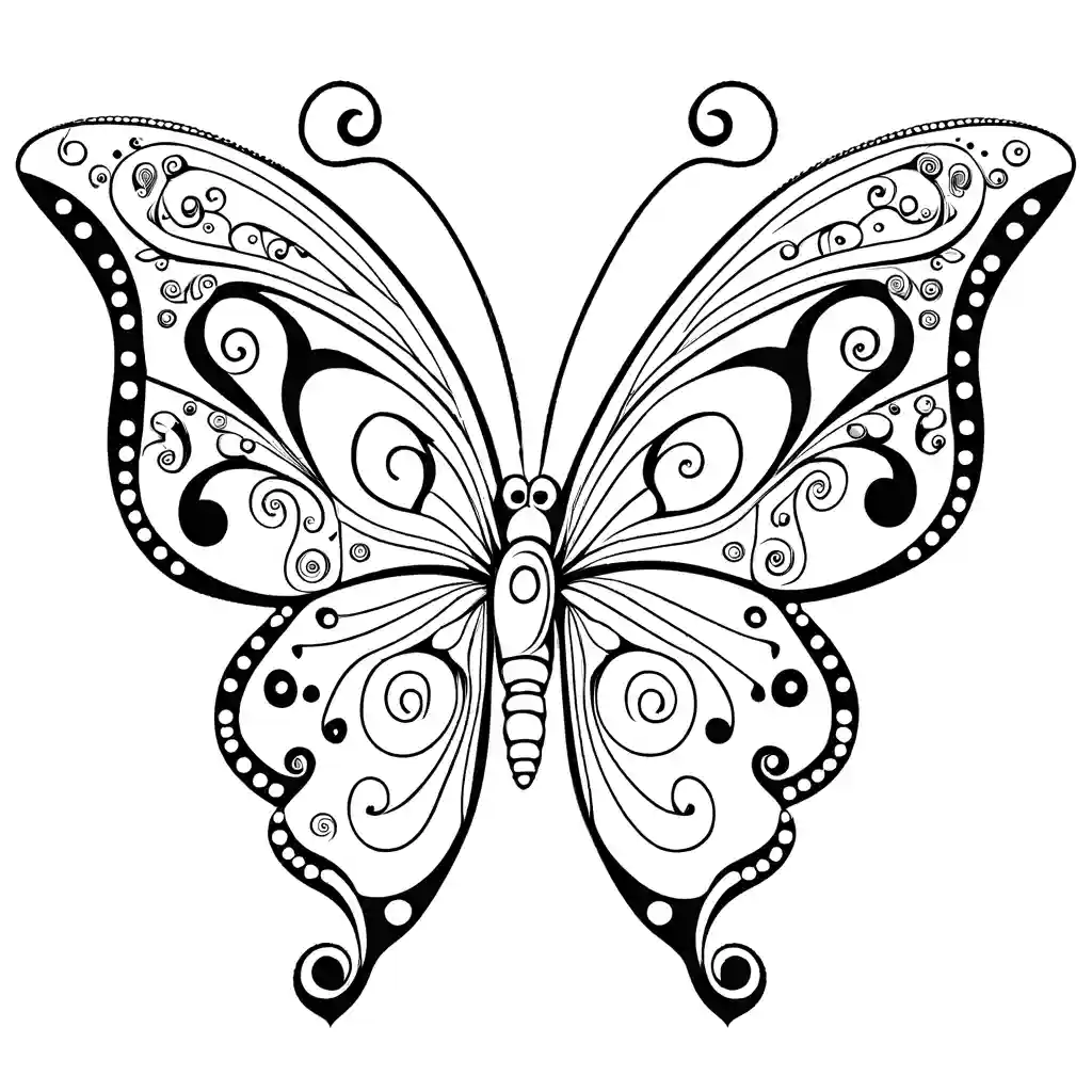 Whimsical butterfly with swirling patterns and decorative accents coloring page