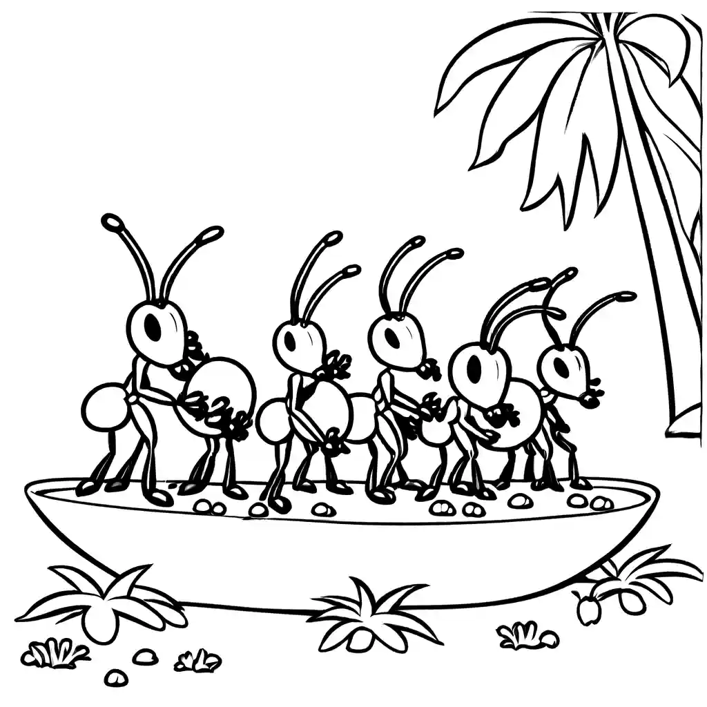Group of white ants working together to carry food in a line coloring page