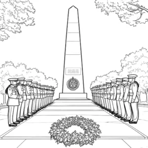 Wreath laying ceremony at a war memorial coloring page for Memorial Day coloring page