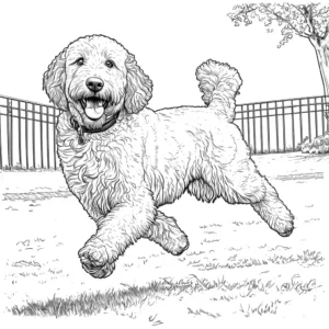 Friendly Goldendoodle dog having fun playing with a frisbee in the park, ideal coloring page
