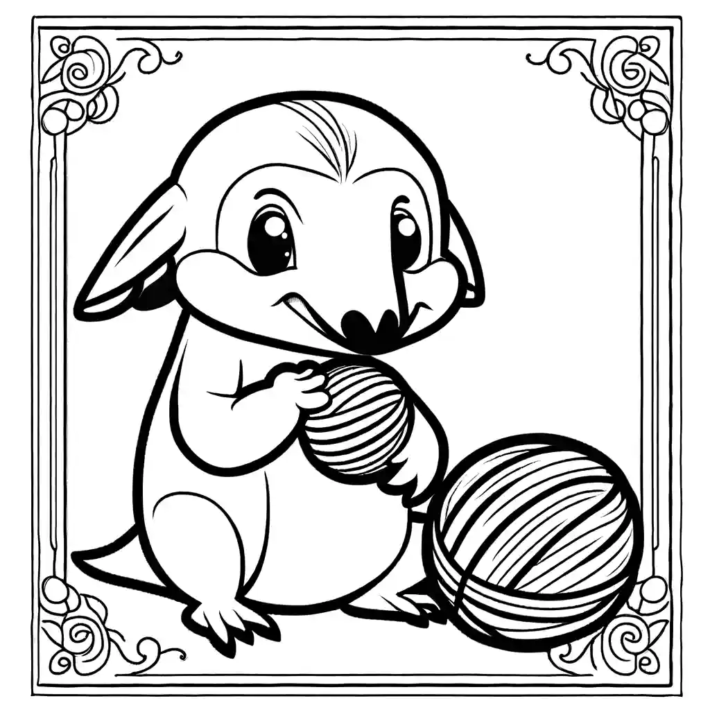 Sweet anteater playing with a ball of yarn coloring page