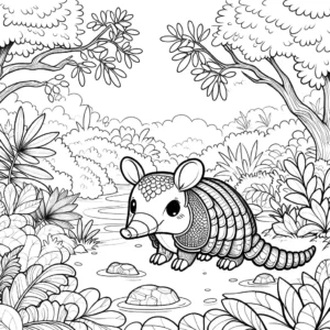 Armadillo surrounded by plants and trees in a forest coloring page