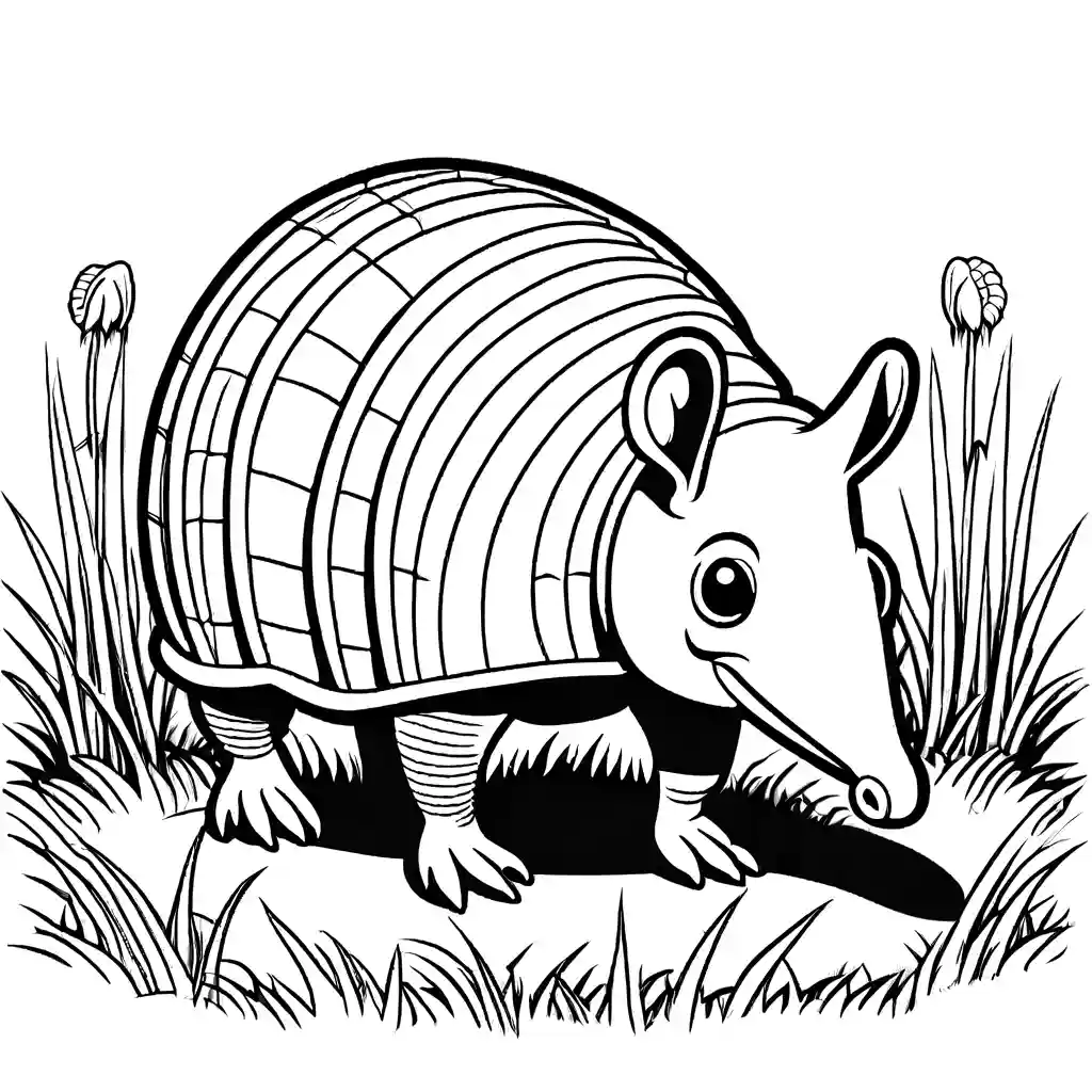 Armadillo standing on hind legs in grassy field coloring page