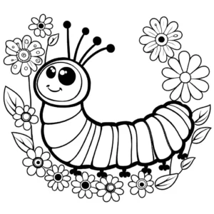 Caterpillar with intricate patterns on its body surrounded by colorful flowers coloring page
