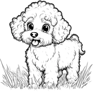 Curly-haired Goldendoodle standing on a grassy field with a friendly expression coloring page